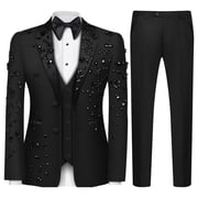 Luxury Mens 2 Piece Suit Classic Fit Slim Solid 2 Button Beads Crystal Party Wedding Tuxedo Suits Blazer Jacket Pants Set