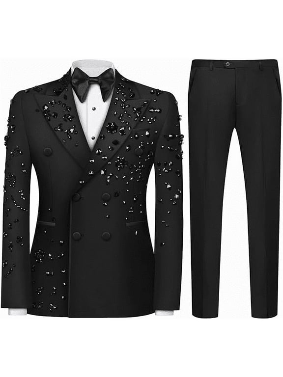 Luxury Men's 2 Piece Suit Classic Fit Slim Solid 2 Button Beads Crystal Party Wedding Tuxedo Suits Blazer Jacket Pants Set
