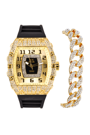 Luxury Men's 41mm Iced Watch with Shimmering Simulated Crystals - Distinctive Tonneau Shape, Striking Numeral Dial, and Adjustable Silicone Band - Quartz Movement - 14k Gold Finish