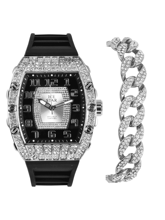 Luxury Men's 41mm Iced Watch with Shimmering Simulated Crystals - Distinctive Tonneau Shape, Striking Numeral Dial, and Adjustable Silicone Band - Quartz Movement - Silver Finish