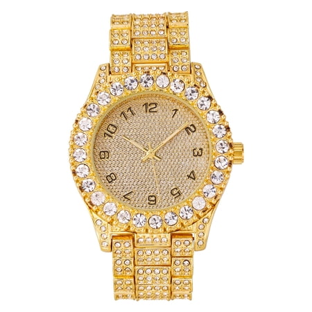 Luxury Men's 44mm Iced Diamond Solitaire Watch - Stunning Bling Dial & Bezel with Ravishing Crystals - Gold Tone Finish - Numeral Dial Watch