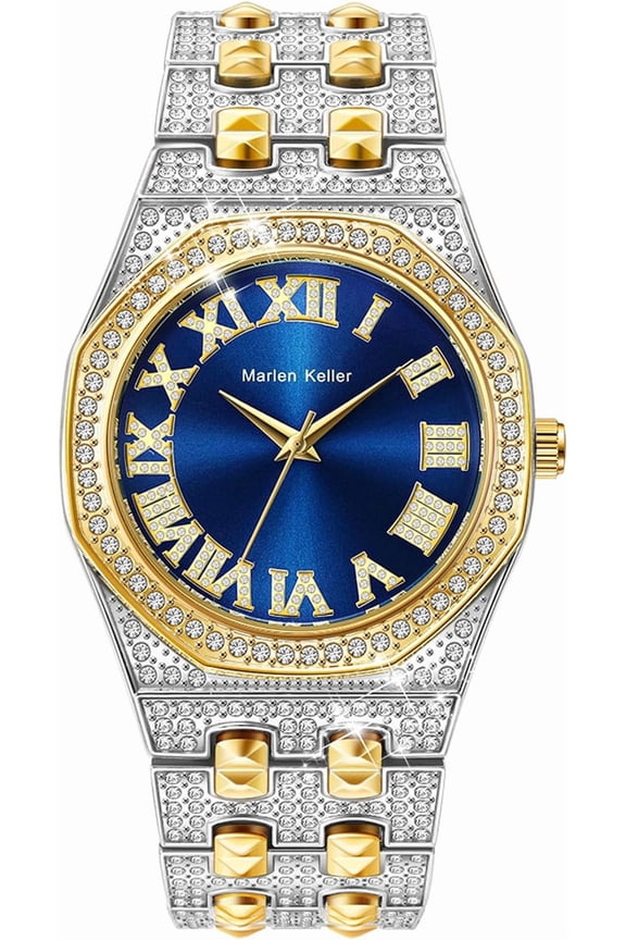 Luxury Men's Diamond Watch Octagonal Roman Numerals Dial Bling Hip Hop Quartz Wristwatch for Men Gold Silver Bracelet with Butterfly Clasp