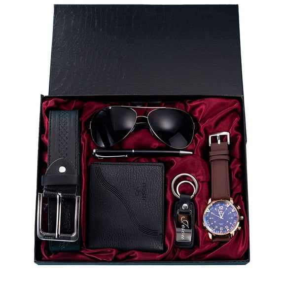 Luxury Men's Gift Set, 6-Piece Premium Kit with Quartz Watch, Wallet, Belt, Glasses, Keychain & Pen | Elegant Gentleman's Accessory Box for Birthday, Wedding