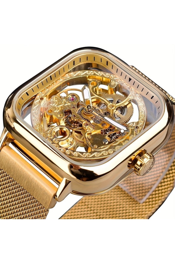Luxury Men's Mechanical Watch - Engraved, Luminous Hands, Stainless Steel Mesh Band, Hand-Winding Skeleton Design