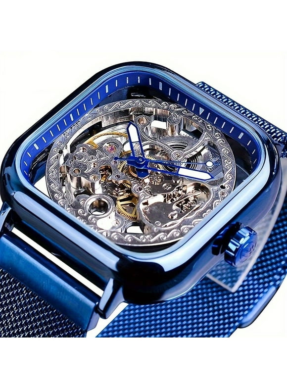 Luxury Men's Mechanical Watch - Engraved, Luminous Hands, Stainless Steel Mesh Band, Hand-Winding Skeleton Design