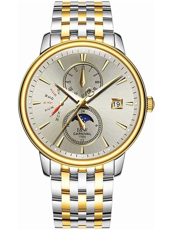 Luxury Men's Watches Automatic-Self-Wind Luminous Calendar Moon Phase Stainless Steel Two-Tone Watch