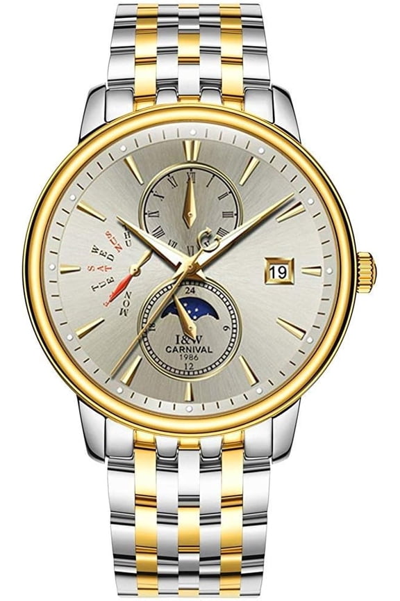 Luxury Men's Watches Automatic-Self-Wind Luminous Calendar Moon Phase Stainless Steel Two-Tone Watch