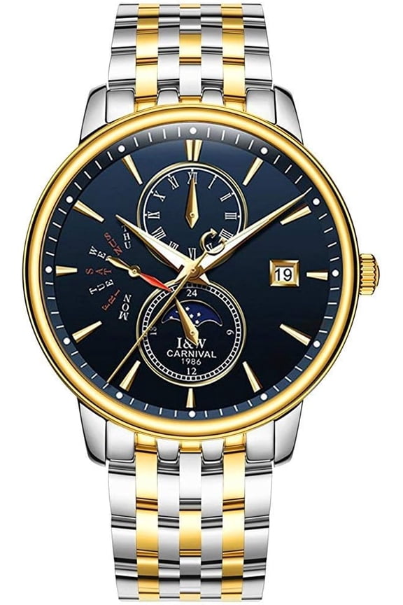 Luxury Men's Watches Automatic-Self-Wind Luminous Calendar Moon Phase Stainless Steel Two-Tone Watch