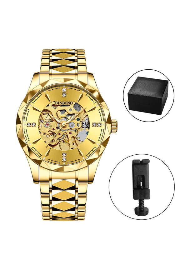 Luxury Mens Automatic Mechanical Wrist Watch Stainless Steel Gold Tone Skeleton