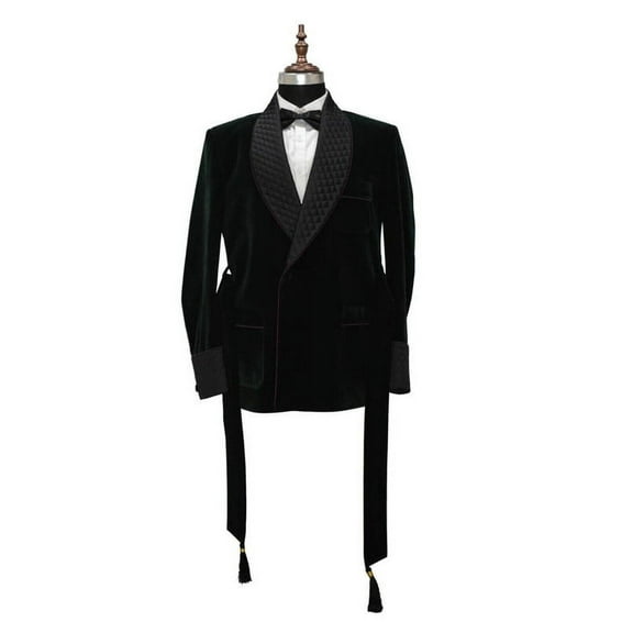 Luxury Mens Black Velvet Dressing Gown Quilted lapel & Cuff Evening Wear