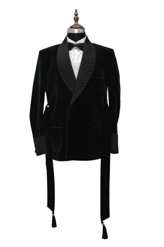 Luxury Mens Black Velvet Dressing Gown Quilted lapel & Cuff Evening Wear
