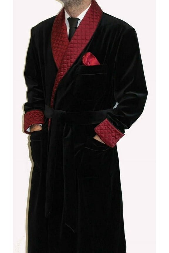 Luxury Mens Long Black Velvet Smoking Jacket Dressing Gown Robe – Tailored Fit