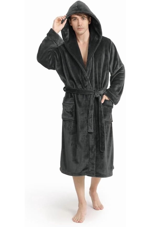 Luxury Mens Robe with Hood, Ultra Cozy Fleece Bathrobe for Men, Plush Hooded Belt & 2 Pockets