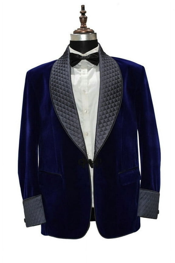Luxury Mens Royal Blue Velvet Smoking Jacket - Frogging Coat for Wedding & Evening Wear