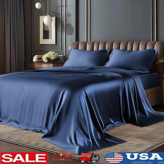 Luxury Mesh Queen Sheets Set Soft Silky Bedding Skin 4 Pc Navy Blue Silk Sheet