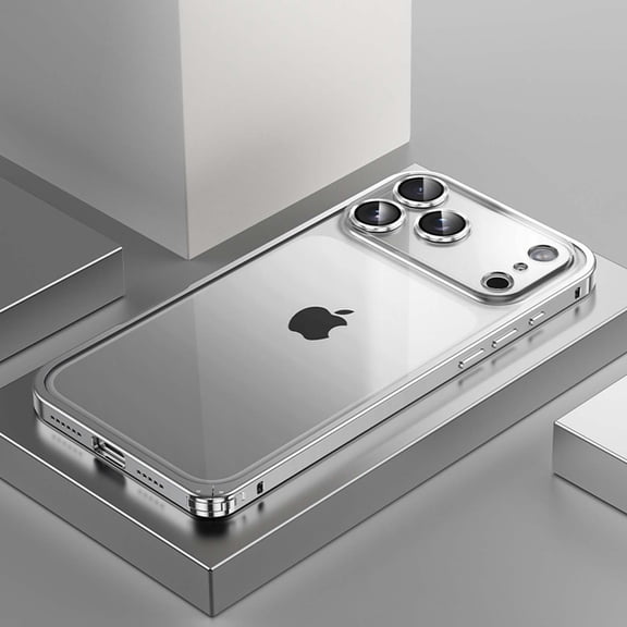 Luxury Metal Bumper Case For iPhone 17 Pro Max, Magnetic Clear Back with Spring Buckle Safety Lock, Military Grade Protection with Built-in Camera Lens Protector, Slim Aluminum Frame Cover,Silver