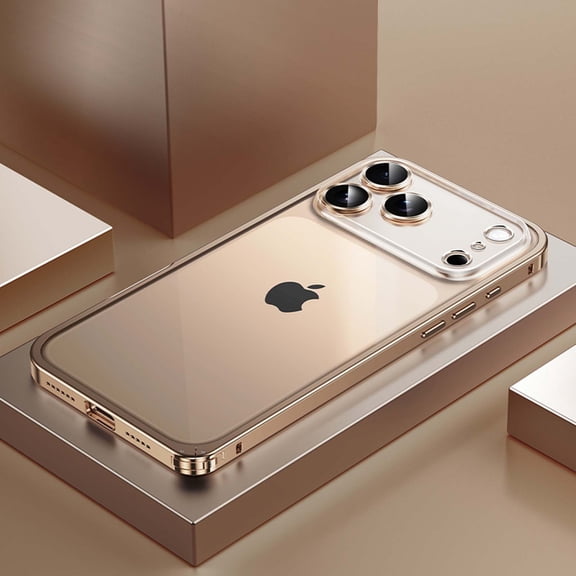 Luxury Metal Bumper Case For iPhone 17 Pro Max, Magnetic Clear Back with Spring Buckle Safety Lock, Military Grade Protection with Built-in Camera Lens Protector, Slim Aluminum Frame Cover,Gold