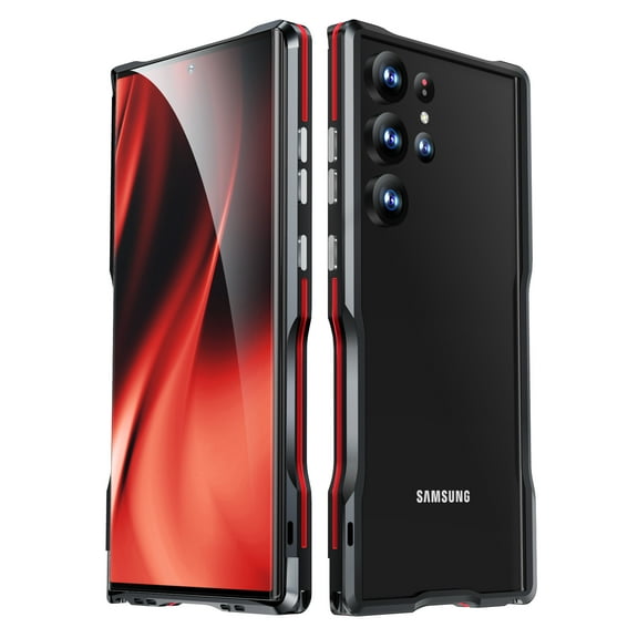 Luxury Metal Bumper Frame + 1 * Transparent Carbon Fiber Back Sticker + 1 * Screws Driver for Samsung Galaxy S24 Ultra, Rugged Drop Protection Hard Frame for Samsung Galaxy S24 Ultra, Red