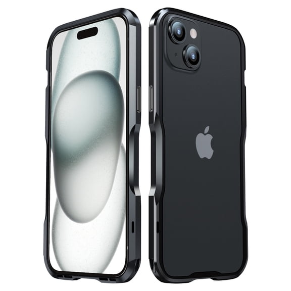 Luxury Metal Bumper Frame + 1 * Transparent Carbon Fiber Back Sticker + 1 * Screws Driver for iPhone 15 Plus, Rugged Drop Protection Hard Frame for iPhone 15 Plus, Black