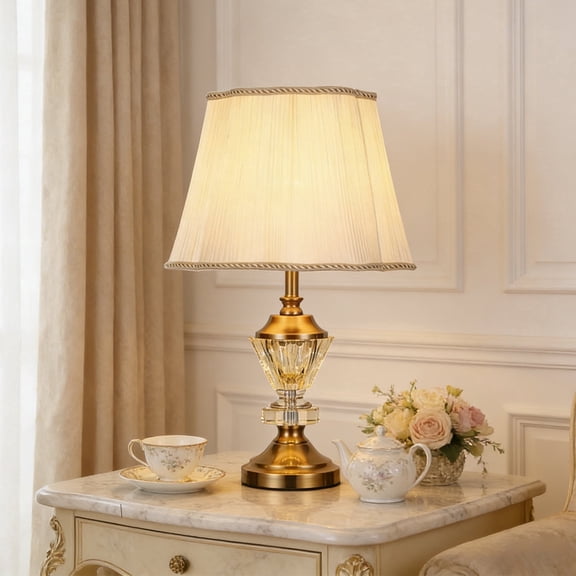Luxury Metal Crystal Table Lamp with Beige Lampshade & Brass Base, Home Decor Ambient Light