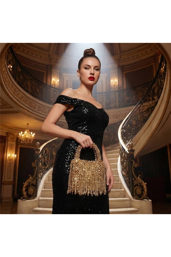 Luxury Metallic Gold Woven CCB Beaded Handbag Tote Bag Elegant Evening Clutch Phone Lipstick Sunglasses Cosmetics for Wedding Party Graduation Holiday Gift