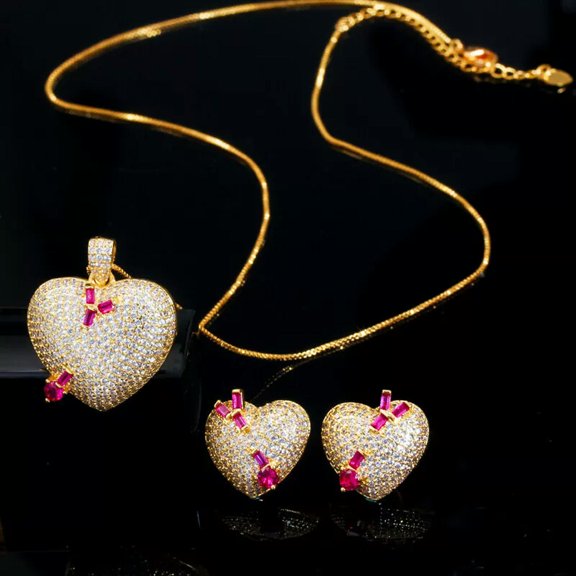 Luxury Micro Pave 585 Gold Plated CZ Love Heart Necklace Earrings Jewelry Set