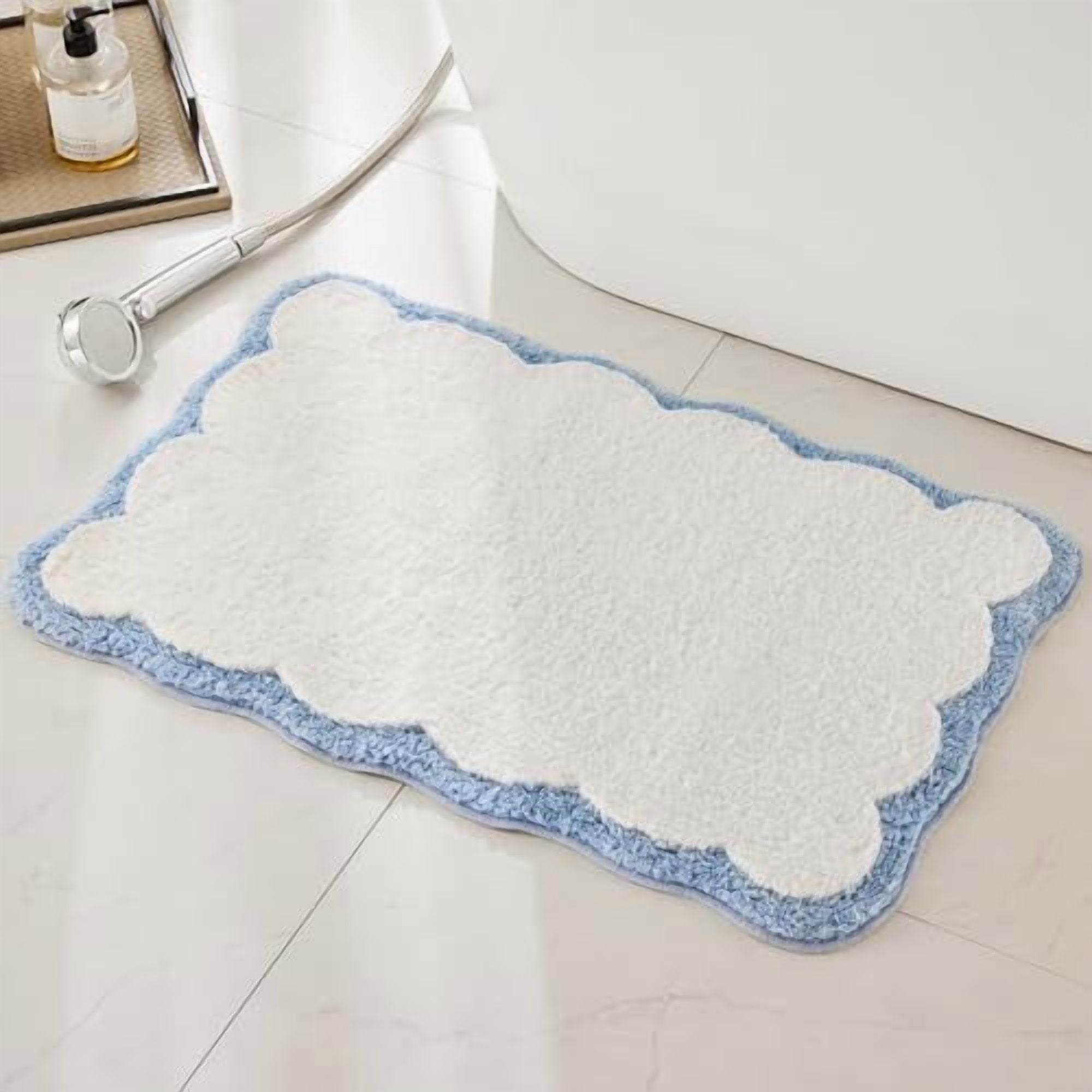 Luxury Microfiber Bathroom Rugs, White Bath Rug with Blue Scalloped ...