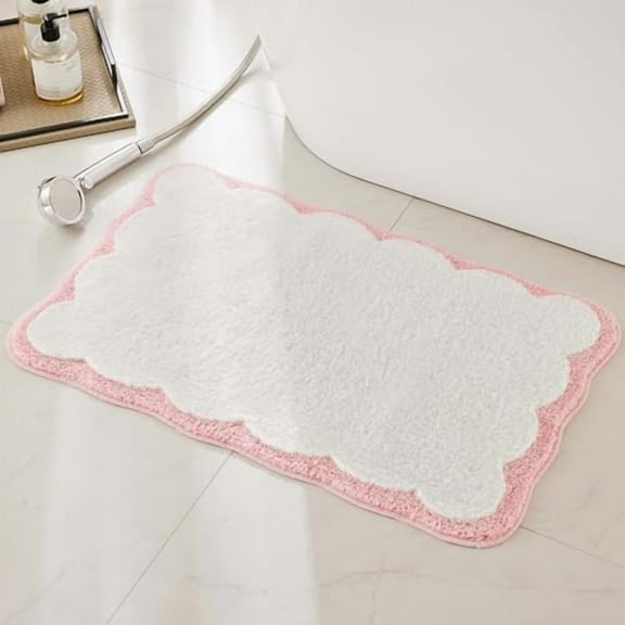 Luxury Microfiber Bathroom Rugs, White Bath Rug with Pink Scalloped Piping Cute Aesthetic Girly Bath Mat for Women's Bathroom, Tub, Floor Carpet, Sink, Shower, Anti Slip, Absorbent, 32x20