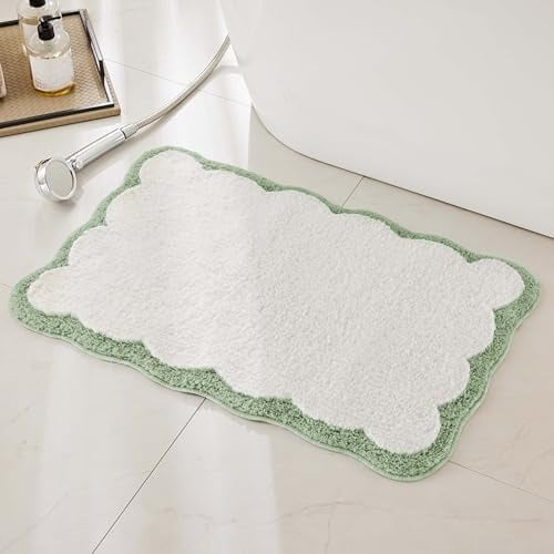 Luxury Microfiber Bathroom Rugs, White Bath Rug with Sage Green Scalloped Piping Cute Aesthetic Spring Bath Mat for Bathroom, Tub, Floor Carpet, Sink, Shower, Anti Slip, Absorbent, 32x20