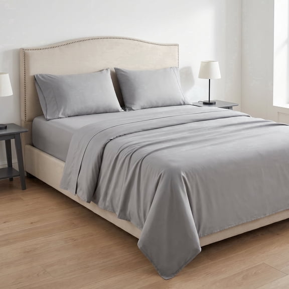 Luxury Microfiber Bed Sheet Set, 4-Piece Deep Pocket Bedding Set, Queen, Light Gray
