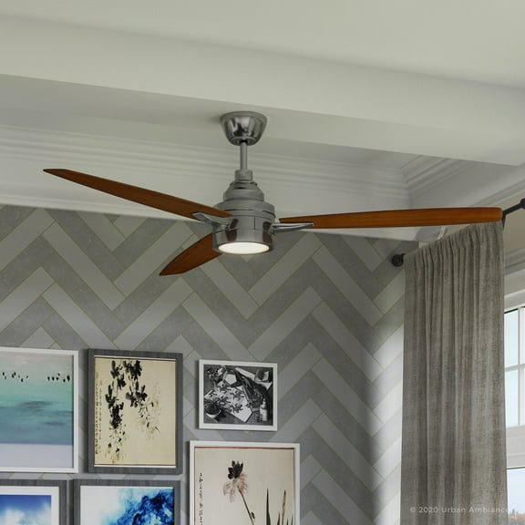 Luxury Mid-Century Modern Indoor Ceiling Fan, 13.125''H x 60''W, with Minimalist Style Elements, Art Deco Design, Brushed Nickel Finish and Frosted Glass, UHP9041