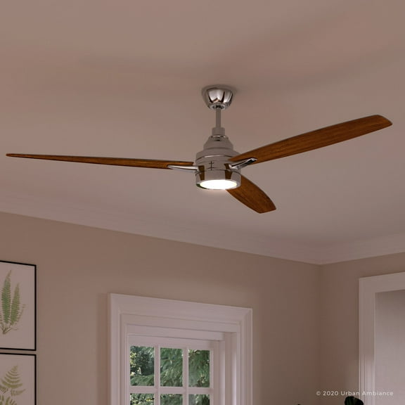 Luxury Mid-Century Modern Indoor Ceiling Fan, 13.125''H x 60''W, with Minimalist Style Elements, Art Deco Design, Polished Chrome Finish and Frosted Glass, UHP9043