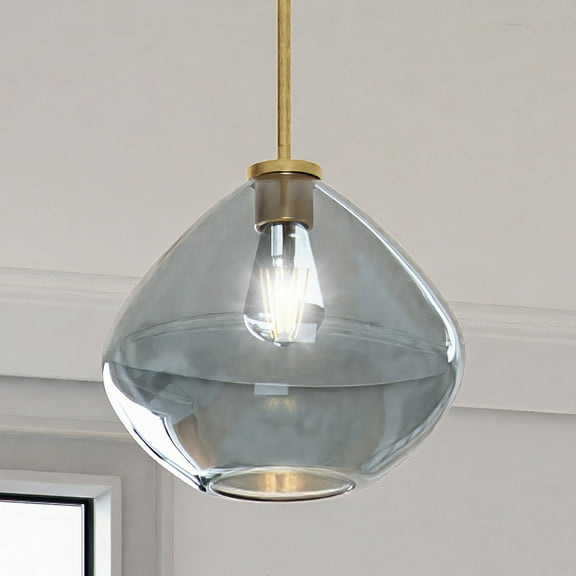 Luxury Mid-Century Modern Pendant, 10''H x 11''W, Brushed Brass and Stained Glass Finish, Conwy Collection, by Urban Ambiance