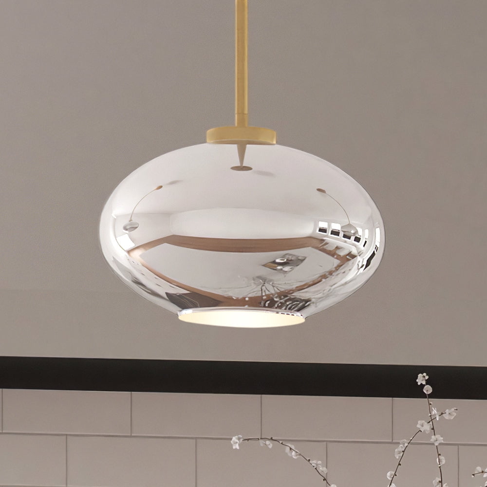 Gray Handblown Glass Drum Pendant Light with Brushed Brass Finish