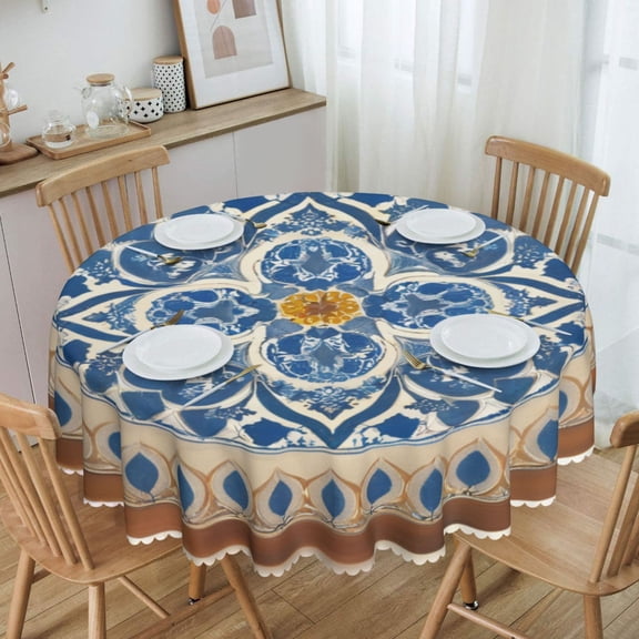 Luxury Minimalist Gold Grid Frame Round Tablecloth Waterproof Oil-Proof Plastic Table Cloth Stain-Resistant Wipeable 60" for Camping, Dining, Indoor and Outdoor