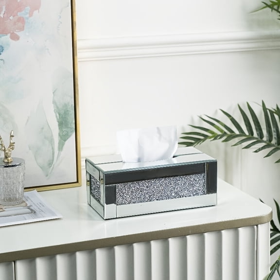 Luxury Mirrored Tissue Box Cover with Crushed Diamond Crystals, Square Glass Tissue Holder, Silvery - Ideal for Bathroom Vanity Countertop or Tabletop