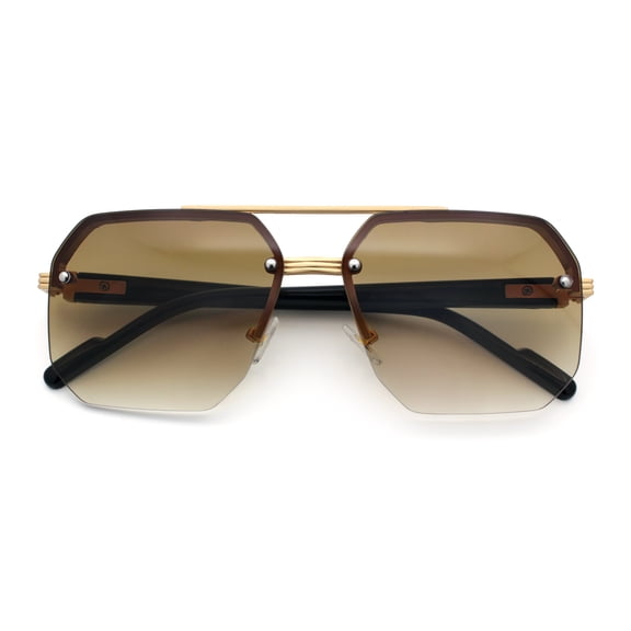 Luxury Mobster Rimless Half Rim Oversized Rectangle Metal Sunglasses Gold - Brown