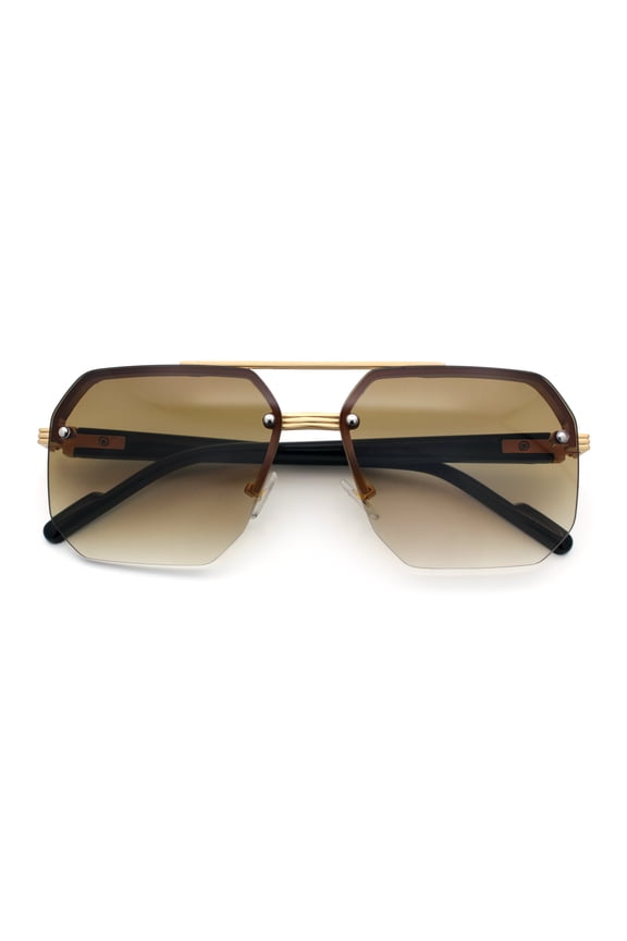 Luxury Mobster Rimless Half Rim Oversized Rectangle Metal Sunglasses Gold - Brown