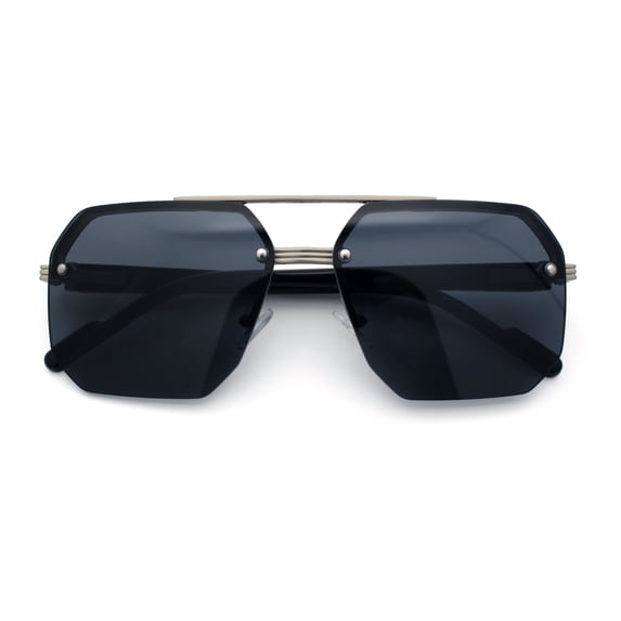 Luxury Mobster Rimless Half Rim Oversized Rectangle Metal Sunglasses Silver - Black