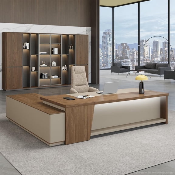 Luxury Modern Alternative L-Shaped Ergonomic Executive Desk With Integrated Storage & Power Management (Champagne & Beige, Right Return)