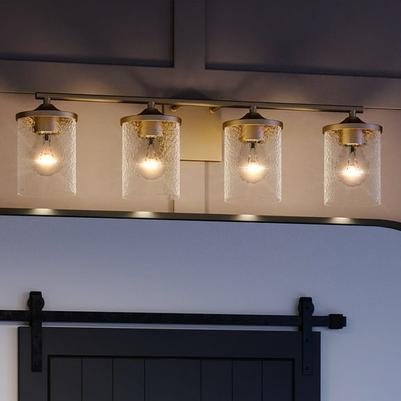 Luxury Modern Farmhouse Indoor Bath Fixture, 7.75''H x 28.00''W, with Transitional Style Elements, Modern Design, Olde Brass Finish and Clear Hammered Glass, UQL3817