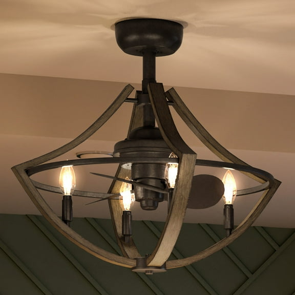 Luxury Modern Farmhouse Indoor Ceiling Fan, 16.25''H x 23.25''W, with Mediterranean Style Elements, Rustic Design, Antique Black Finish and Open Steel & Wood Frame, UQL9030