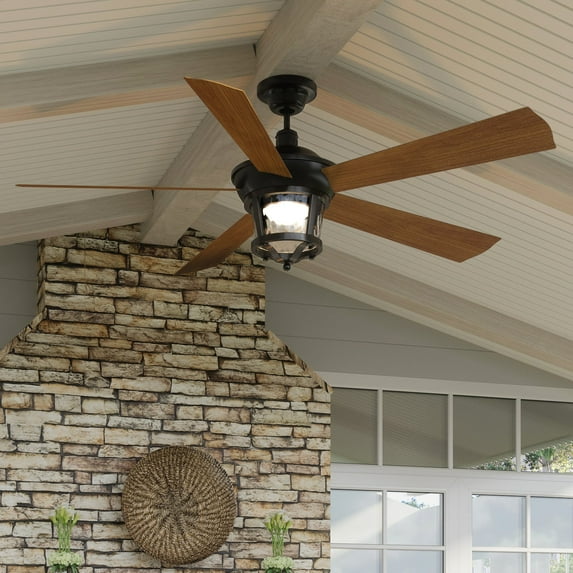 Luxury Modern Farmhouse Indoor / Outdoor Ceiling Fan, 19.5''H x 52''W, with Transitional Style Elements, Craftsman Design, Olde Bronze Finish and Clear Hammered Glass, UHP9180