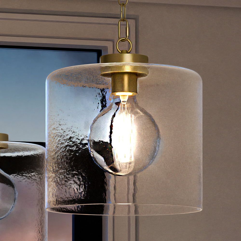 Modern Farmhouse Brass Pendant with Clear Hammered Glass Shade