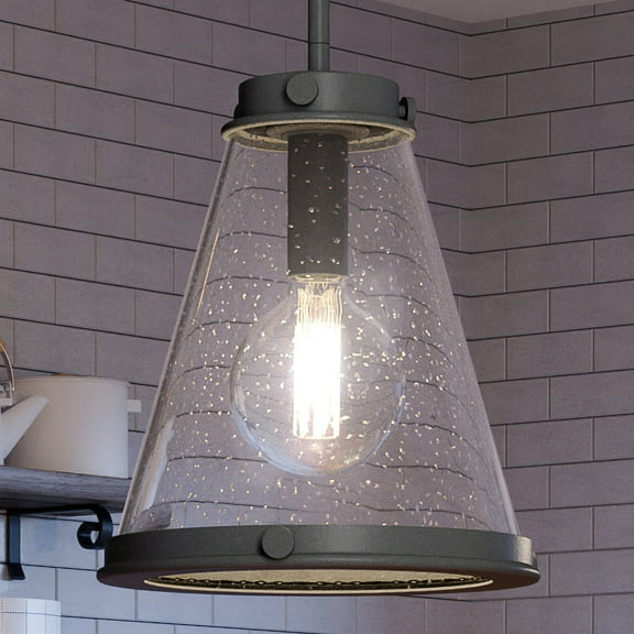 Luxury Modern Farmhouse Indoor Pendant, 14.75''H x 13.00''W, with Casual Style Elements, Transitional Design, Black Sand Finish and Clear Seeded Glass, UQL4290