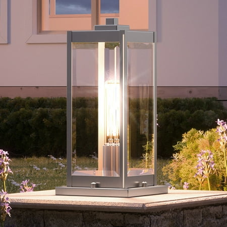 Luxury Modern Farmhouse Outdoor Post Light, 16.00''H x 7.50''W, with Industrial Style Elements, Minimalist Design, Stainless Steel Finish and Clear Beveled Glass, UQL1365