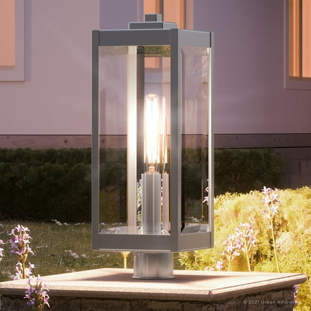 Luxury Modern Farmhouse Outdoor Post Light, 20.50''H x 7.00''W, with Industrial Style Elements, Minimalist Design, Stainless Steel Finish and Clear Beveled Glass, UQL1363