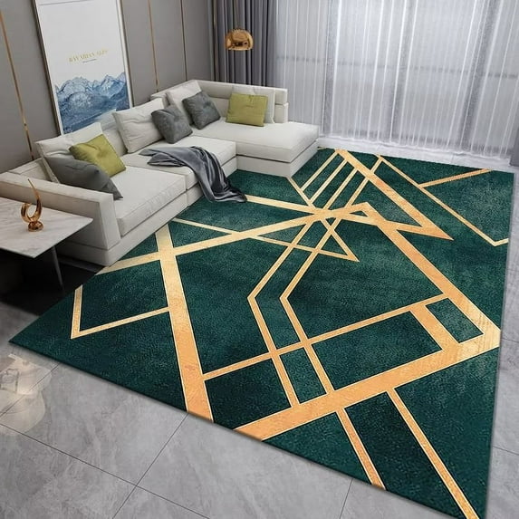 Luxury Modern Geometric Living Room Carpets Home ration Golden Green Rugs for Bedroom Washable Fluffy Large Area Mat Bedside