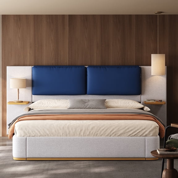 Luxury Modern King Size Upholstered Platform Bed Frame with Large Faux Leather Headboard and Bothside Shelves, Solid Wood Slats Support, No Box Spring Needed