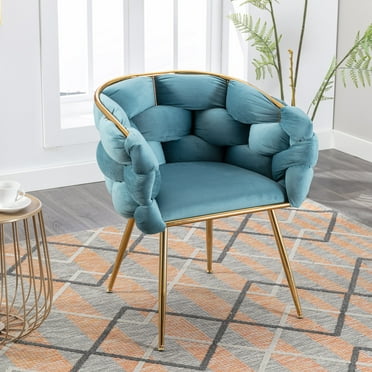 Luxury Modern Simple Single Sofa Chair, Velvet Accent Armchair with Wrap Tufted Backrest & Golden Metal Legs, Upholstered Comfy Reading Chair for Bedroom, Vanity, Living Room, Blue